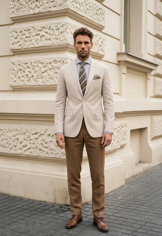 A man wearing a light beige blazer, brown trousers, a blue shirt, and a striped tie stands in front of a cream-colored stone building.