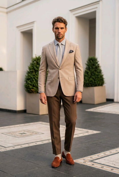 A man wearing a light beige blazer, brown trousers, a light blue shirt, and brown loafers stands in front of a white building with planter boxes.