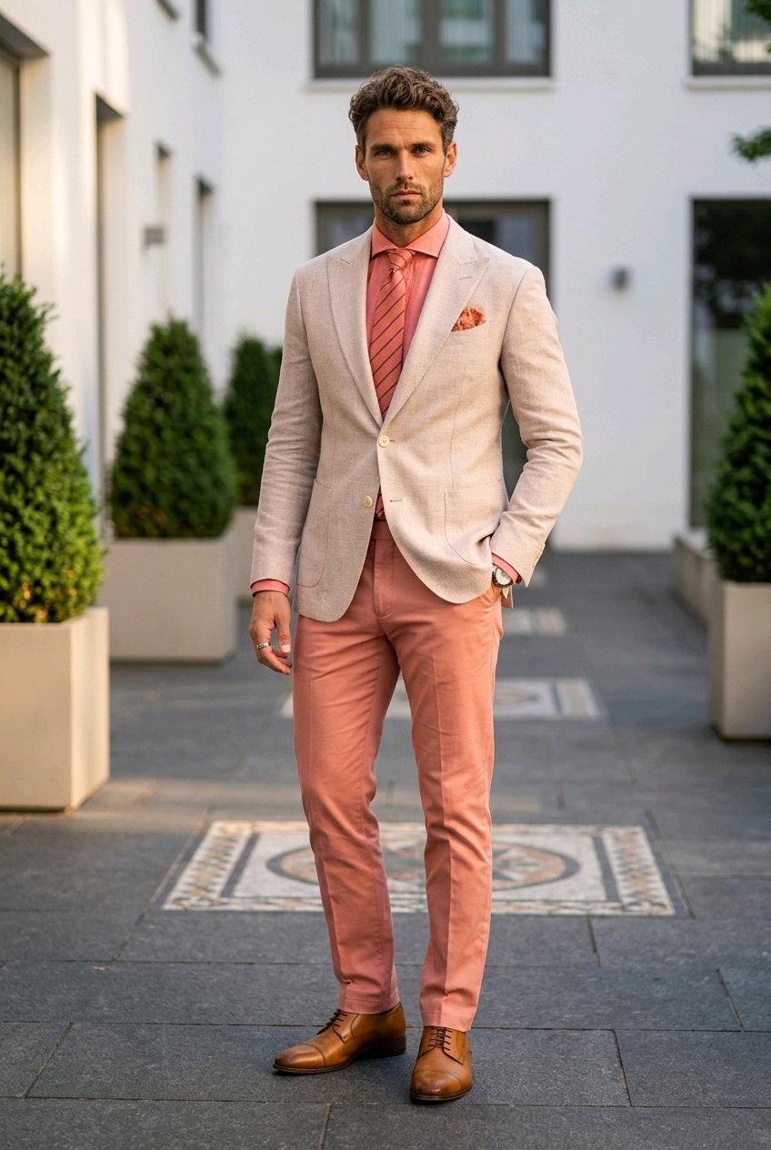 A man wearing a light beige blazer, coral pink trousers, a matching coral pink tie, and a pocket square, standing on a paved walkway in front of a modern white building.