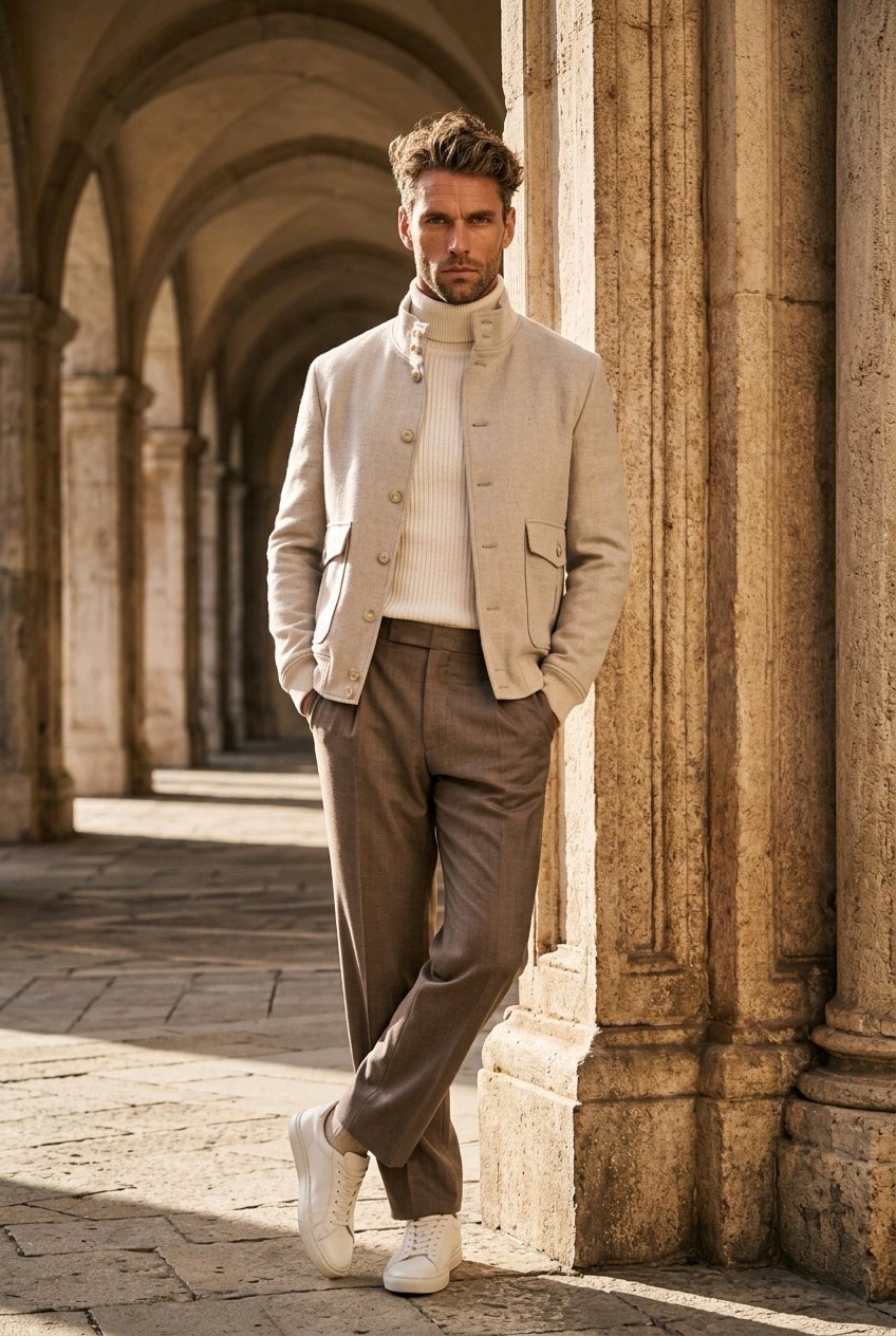 A man wearing a light beige blazer, cream mock-neck sweater, brown trousers, and white sneakers stands in a sunlit stone arcade.