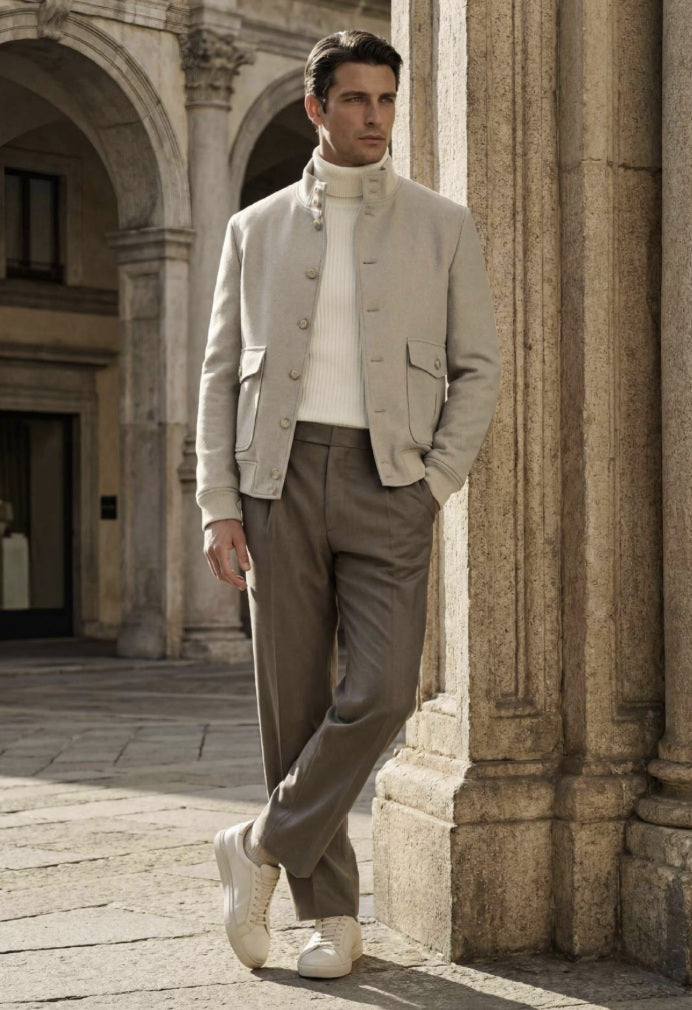 A man wearing a light beige double-collar jacket, white turtleneck sweater, brown trousers, and white sneakers, standing in a stone courtyard with arches.