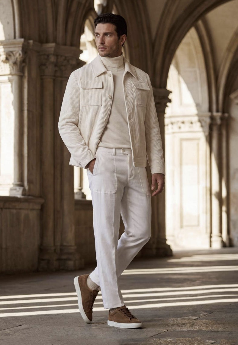 A man wearing a light beige jacket, cream turtleneck, white trousers, and brown slip-on shoes walks through a sunlit stone corridor with arches.