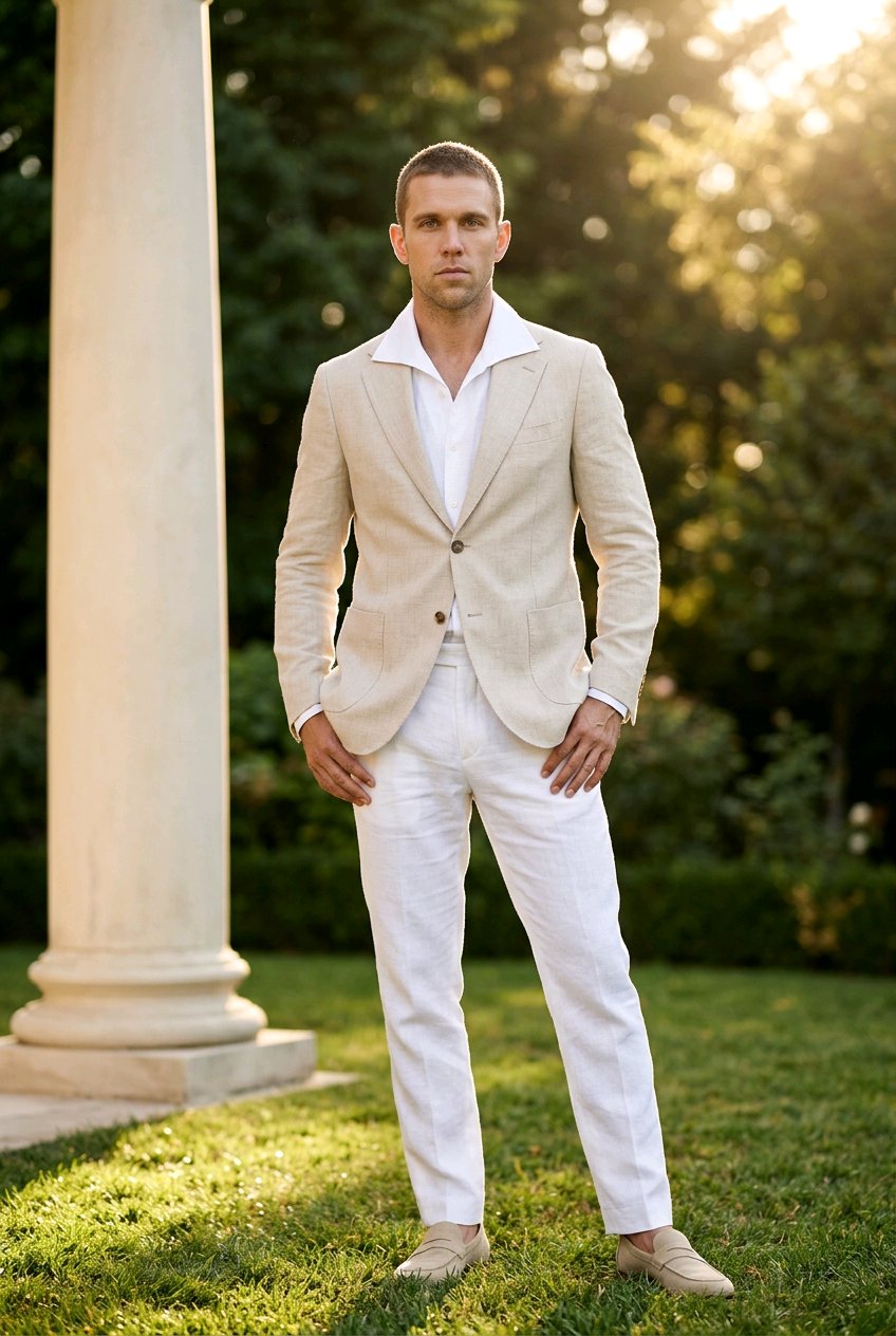 A man wearing a light beige linen blazer and white trousers stands outdoors on a grassy lawn next to a white stone column, with warm sunlight filtering through the background trees.