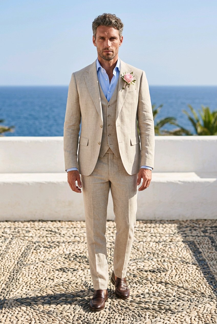 A man wearing a light beige three-piece linen suit with a light blue dress shirt and a pink boutonniere, standing outdoors on a pebble-tiled terrace with the ocean and white wall in the background.