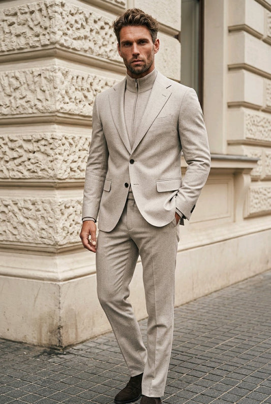 A man wearing a light beige two-piece suit with a mock neck shirt, standing outdoors against a textured cream stone building.
