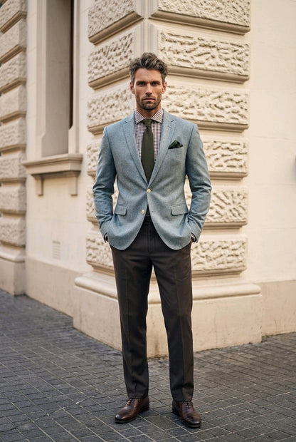 A man wearing a light blue blazer, dark gray trousers, a dark tie, and brown leather shoes stands on a paved street in front of a beige stone building.