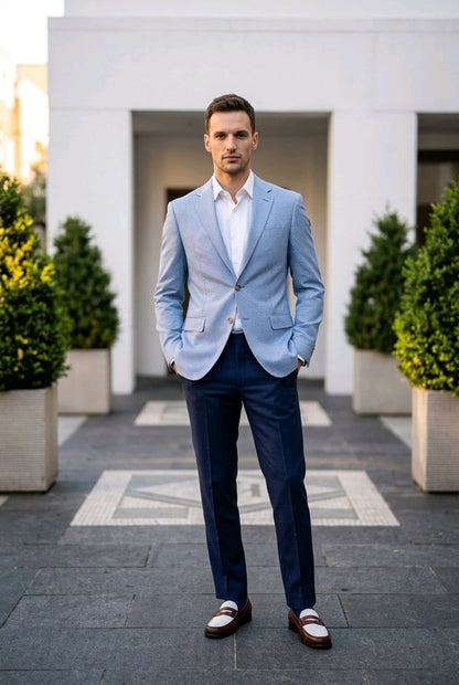A man wearing a light blue blazer, navy trousers, a white dress shirt, and brown loafers stands in front of a modern white building with potted greenery.
