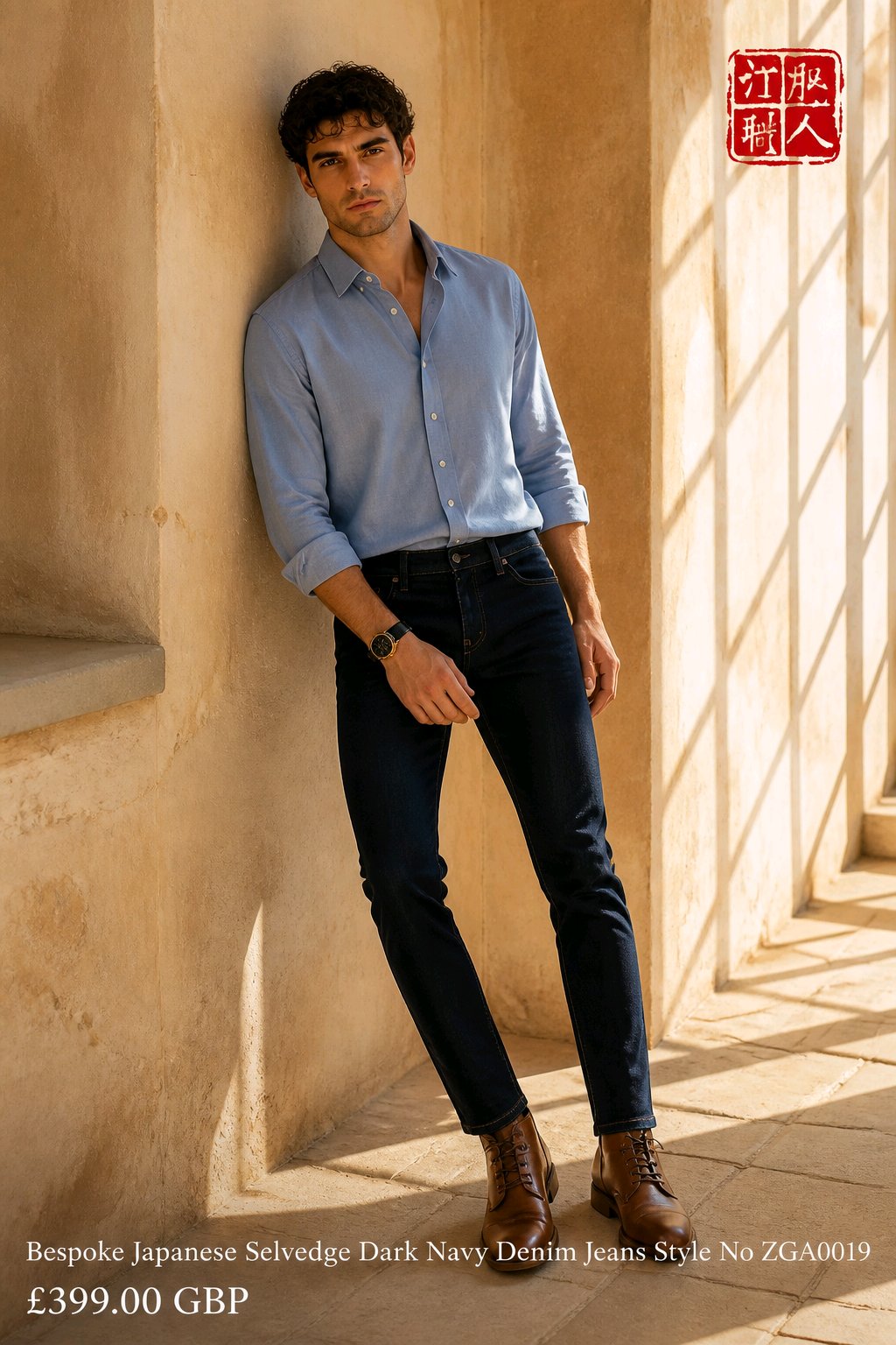 A man wearing a light blue button-down shirt and dark navy denim jeans leans against a sunlit beige stone wall. The photo includes a red Japanese logo in the top right and text at the bottom identifying the jeans as 'Bespoke Japanese Selvedge Dark Navy Dehim Jeans Style No ZGA009' with a price of '£399.