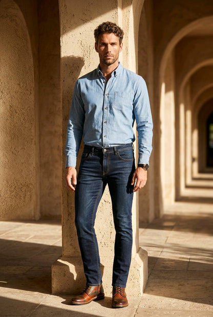 A man wearing a light blue long-sleeve button-down shirt, dark blue jeans, and brown leather shoes stands in a sunlit stone corridor with arches.