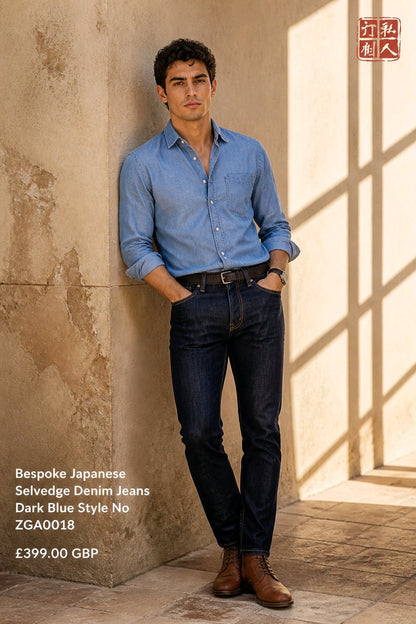 A man wearing a light blue long-sleeve denim shirt and dark blue selvedge denim jeans, leaning against a textured beige stone wall in a sunlit room. Text on the left lists the product details: 'Bespoke Japanese Selvedge Denim Jeans Dark Blue Style No ZGA0018' and the price '£399.