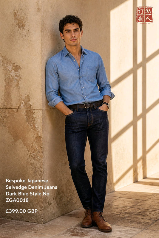 A man wearing a light blue long-sleeve denim shirt and dark blue selvedge denim jeans, leaning against a textured beige stone wall in a sunlit room. Text on the left lists the product details: 'Bespoke Japanese Selvedge Denim Jeans Dark Blue Style No ZGA0018' and the price '£399.