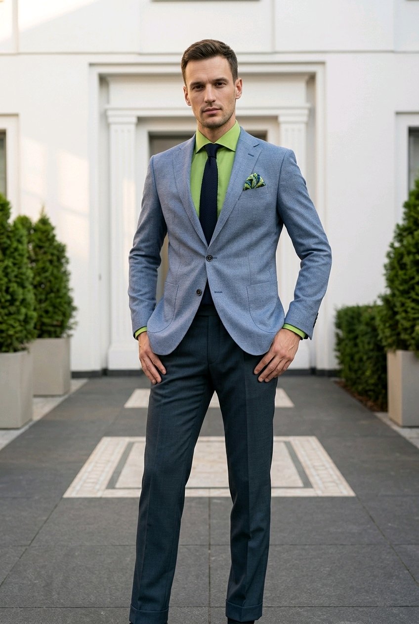 A man wearing a light blue textured blazer, dark navy trousers, a bright green dress shirt, a black tie, and a green pocket square, standing outdoors in front of a white building.