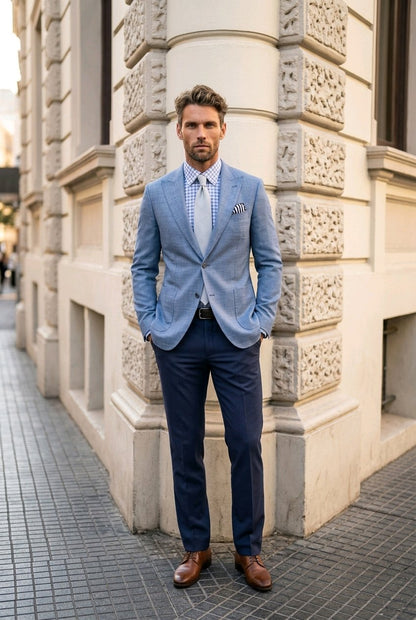 A man wearing a light blue textured blazer, navy trousers, a blue and white checkered shirt, and brown leather shoes, standing outdoors against a beige stone building corner.
