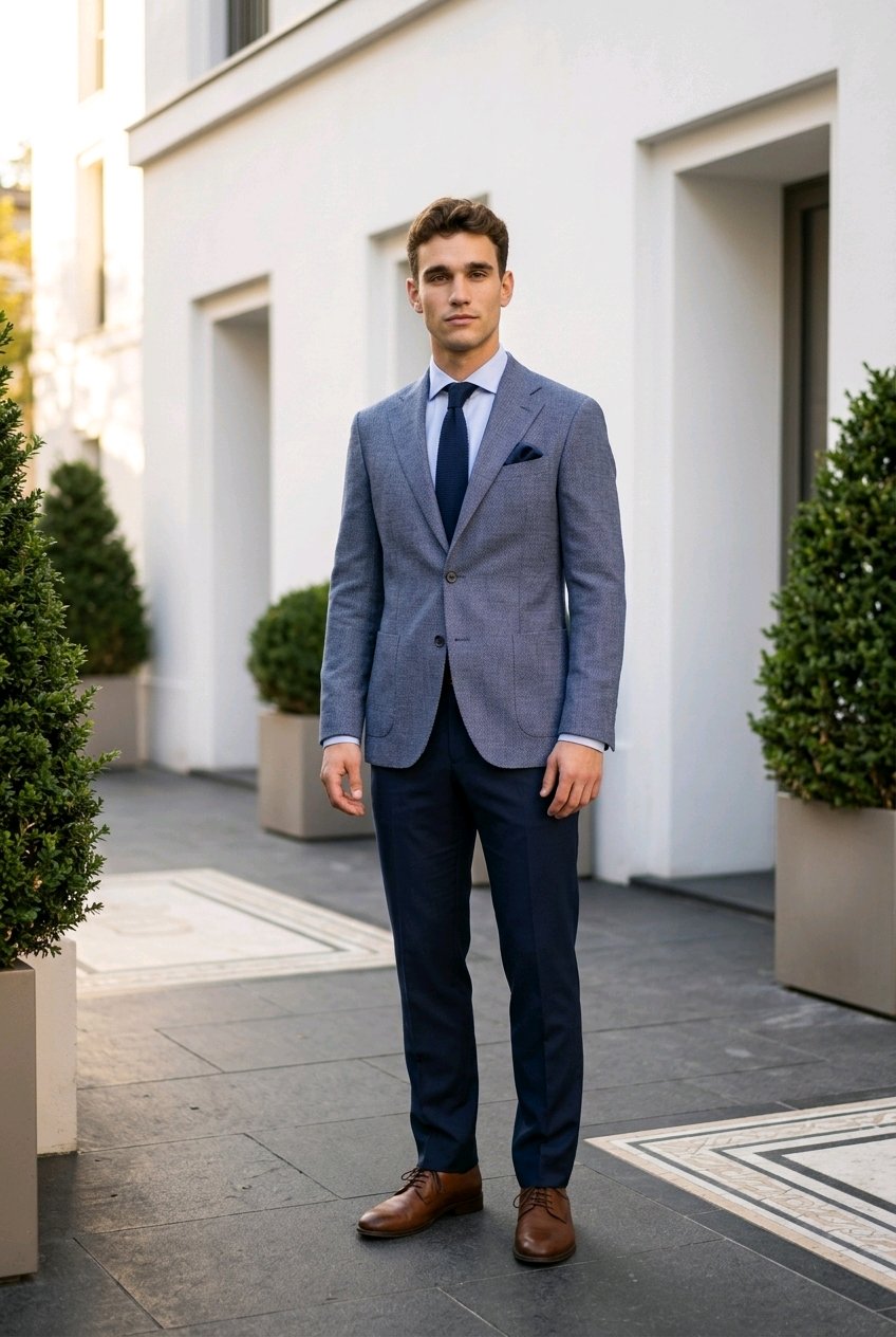 A man wearing a light blue textured blazer, navy trousers, a white shirt, and a navy tie stands on a paved walkway in front of a modern white building with potted plants.