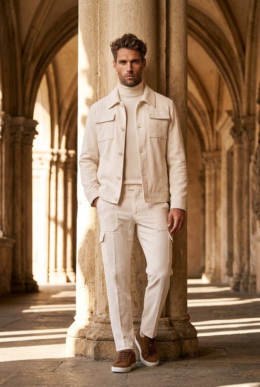A man wearing a light cream linen jacket, matching trousers, a cream turtleneck, and brown suede sneakers stands in a sunlit stone corridor with arches.