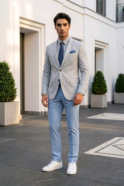 A man wearing a light gray blazer, light blue trousers, a navy tie, and white sneakers stands outdoors in front of a modern white building.