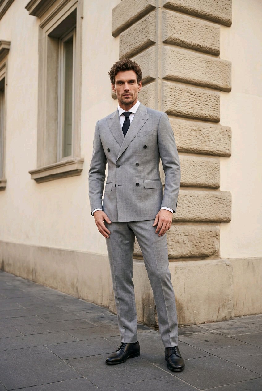 A man wearing a light gray double-breasted suit, white dress shirt, and black tie stands outdoors against a beige stone building corner.