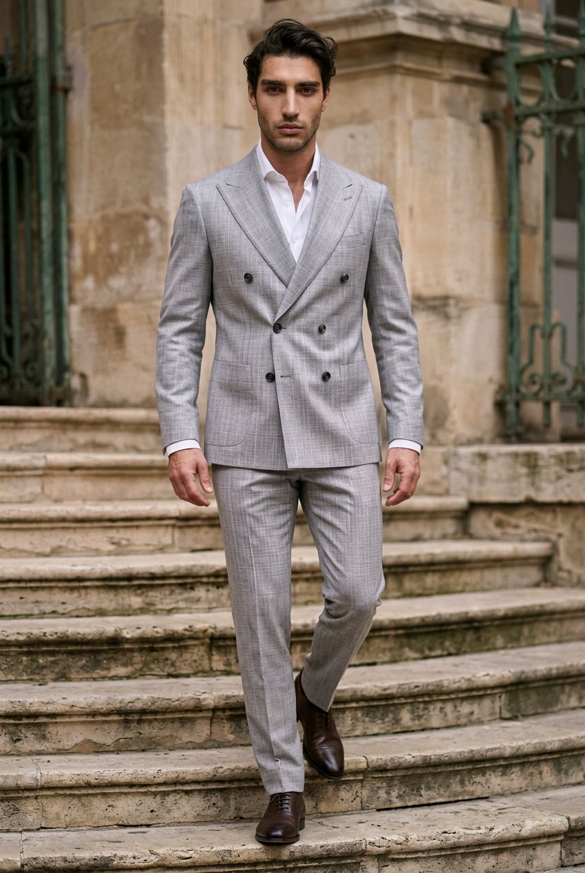 A man wearing a light gray double-breasted suit with a subtle micro-check pattern, a white dress shirt, and brown leather shoes, walking down stone steps outdoors.