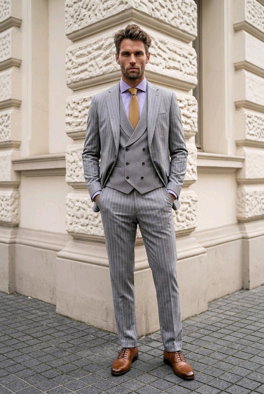 A man wearing a light gray pinstripe three-piece suit with a matching vest and trousers, a lavender shirt, a gold tie, and brown leather dress shoes, standing outdoors against a beige stone building.