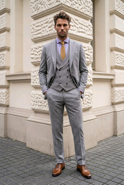 A man wearing a light gray pinstripe three-piece suit with a matching vest and trousers, a lavender shirt, a gold tie, and brown leather dress shoes, standing outdoors against a beige stone building.