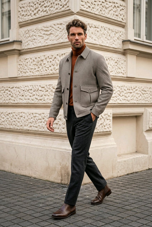 A man wearing a light gray textured jacket over a rust-brown turtleneck, dark charcoal trousers, and brown leather boots, walking outdoors against a beige stone building.