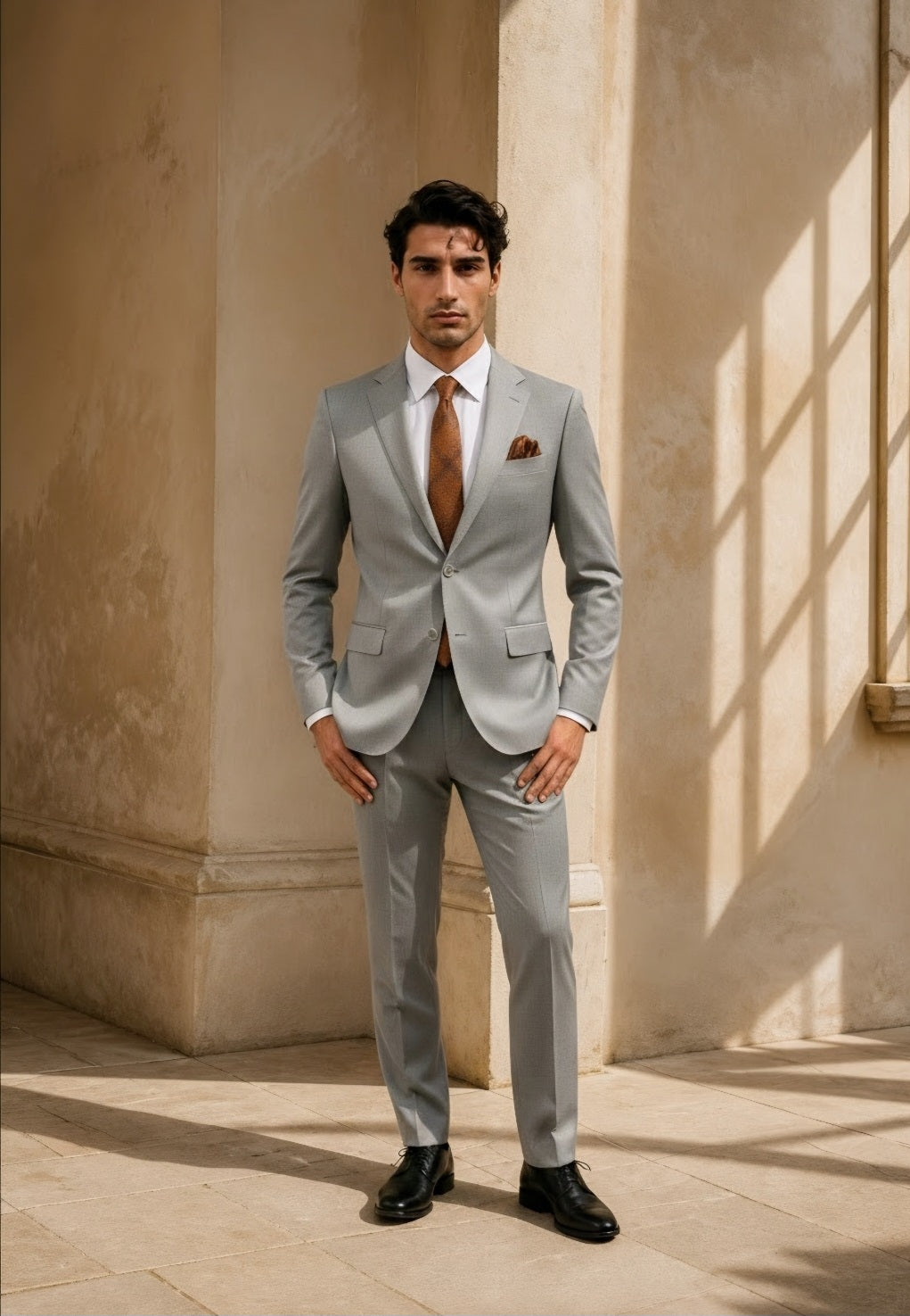 A man wearing a light gray two-piece suit, white dress shirt, and a brown tie stands in a sunlit stone corridor with beige walls.