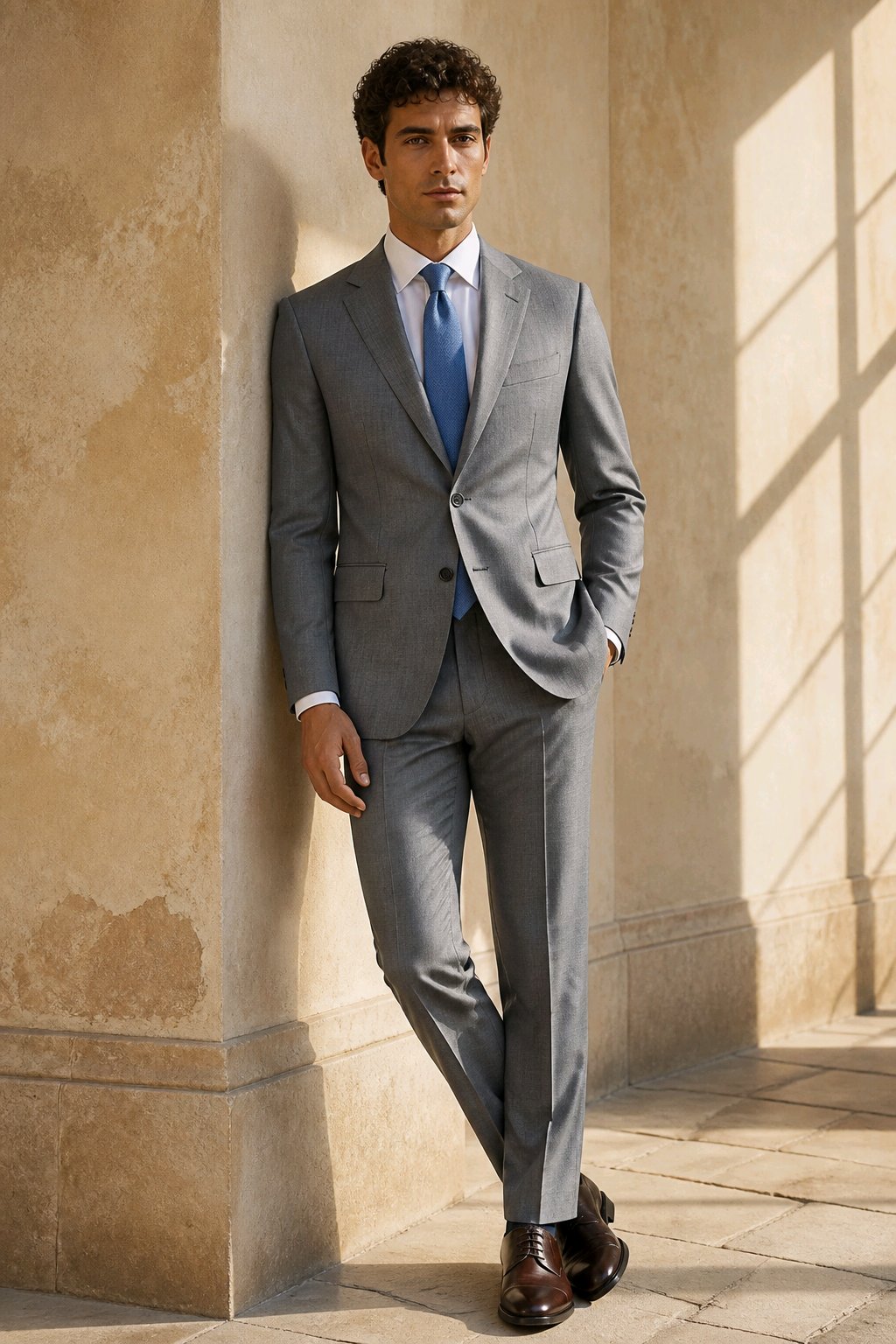 A man wearing a light gray two-piece suit, white dress shirt, and blue tie, leaning against a beige stone wall in a sunlit architectural setting.