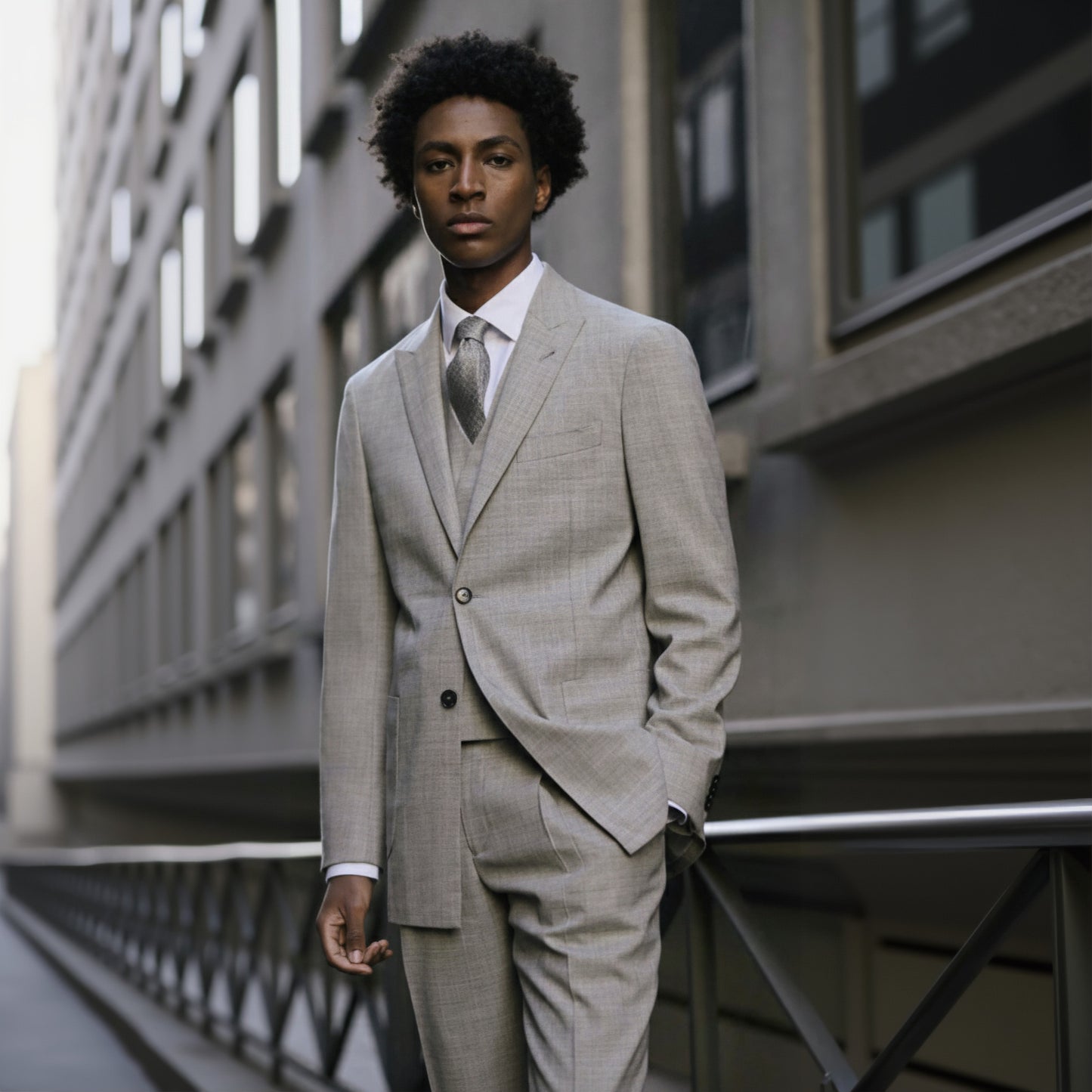 A man wearing a light grey wool two-piece suit with a peaked lapel and navy buttons.