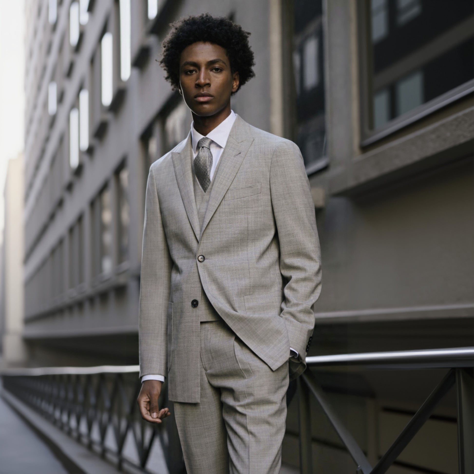 A man wearing a light grey wool two-piece suit with a peaked lapel and navy buttons.