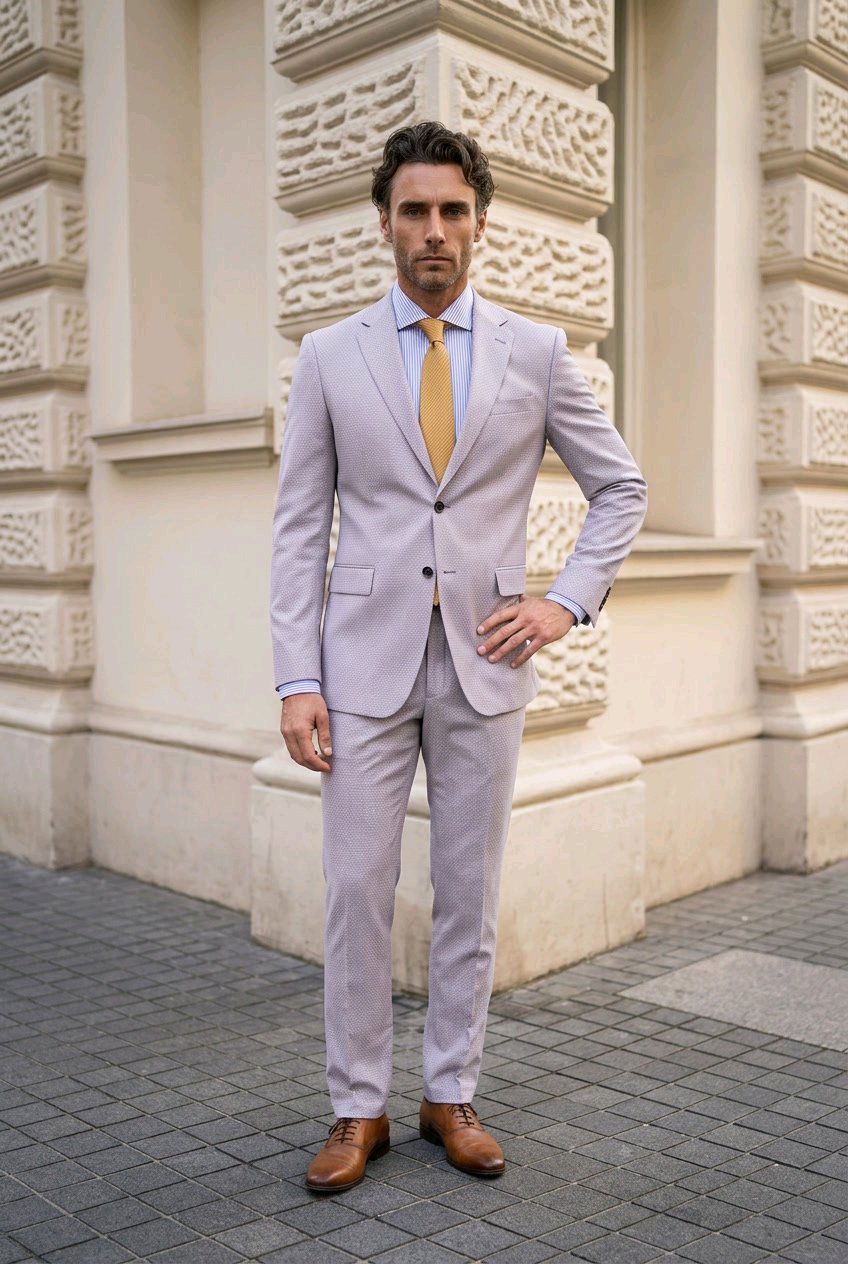 A man wearing a light lavender-gray two-piece suit with a light blue dress shirt, a mustard yellow tie, and brown leather shoes, standing outdoors in front of a beige stone building.