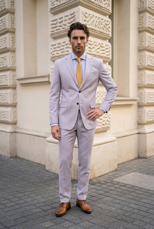 A man wearing a light lavender-gray two-piece suit with a light blue dress shirt, a mustard yellow tie, and brown leather shoes, standing outdoors in front of a beige stone building.