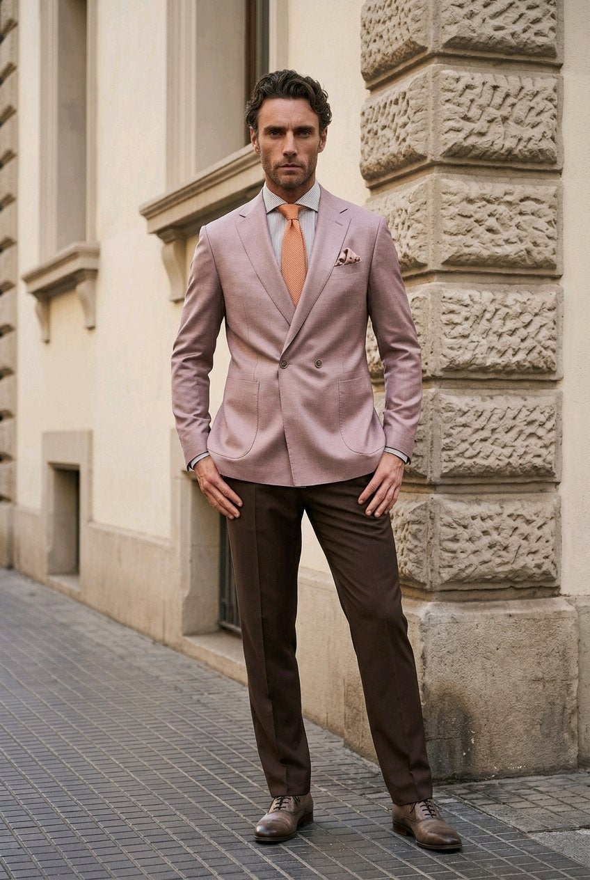 A man wearing a light pink blazer, brown trousers, a peach tie, and a white shirt stands on a city sidewalk next to a stone building.