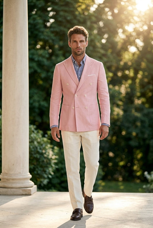 A man wearing a light pink double-breasted blazer, cream trousers, and brown dress shoes walks outdoors on a sunlit stone terrace beside a white column, with green foliage in the background.