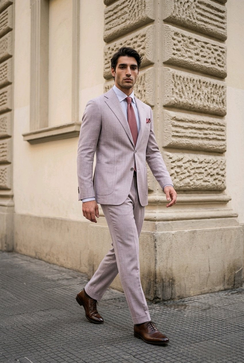 A man wearing a light pink double-breasted suit, a white dress shirt, a dusty rose tie, and brown leather dress shoes, walking outdoors against a beige stone building.