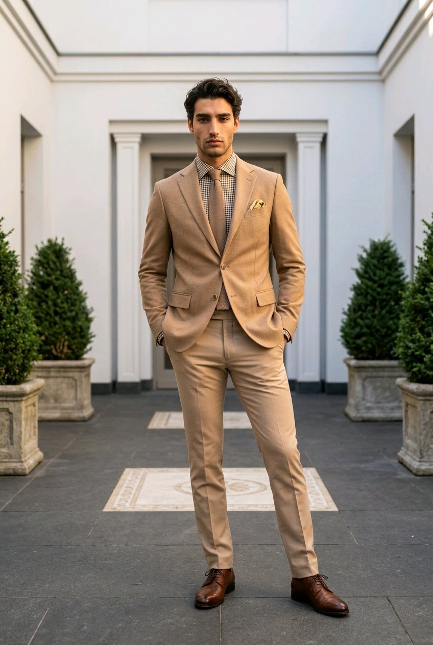 A man wearing a light tan two-piece suit with a matching tie and pocket square, standing in a courtyard with white columns and potted plants.