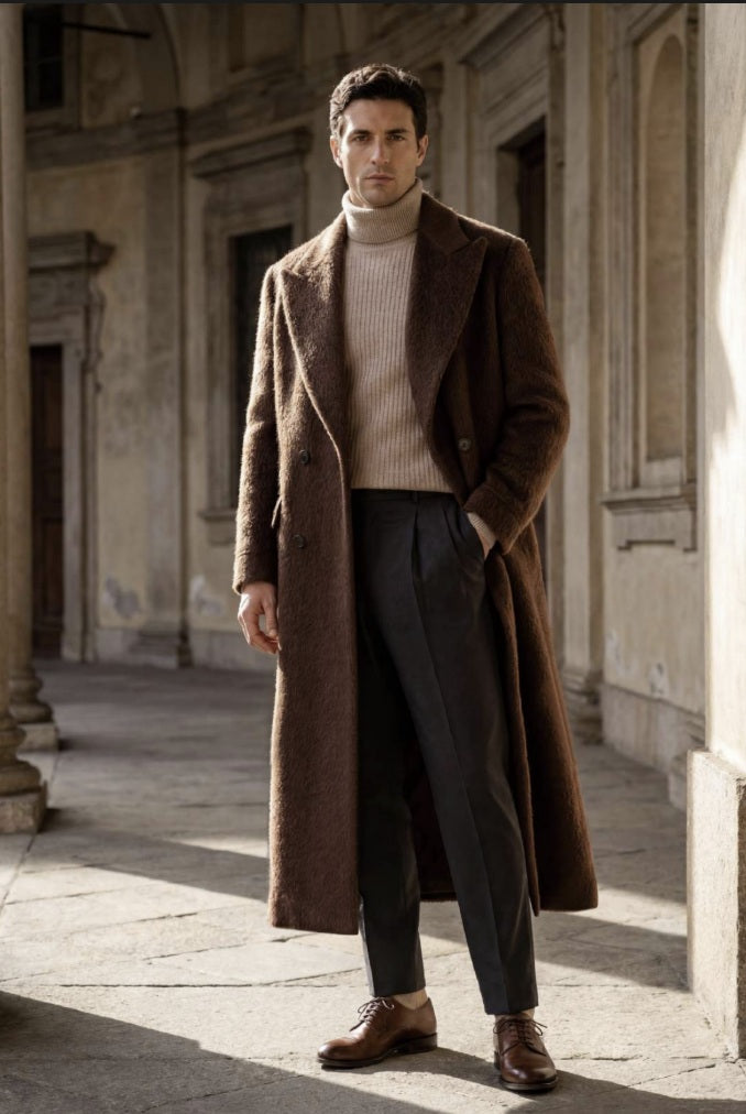 A man wearing a long brown wool-blend overcoat, beige ribbed turtleneck sweater, dark charcoal trousers, and brown leather shoes, standing in a sunlit stone corridor.