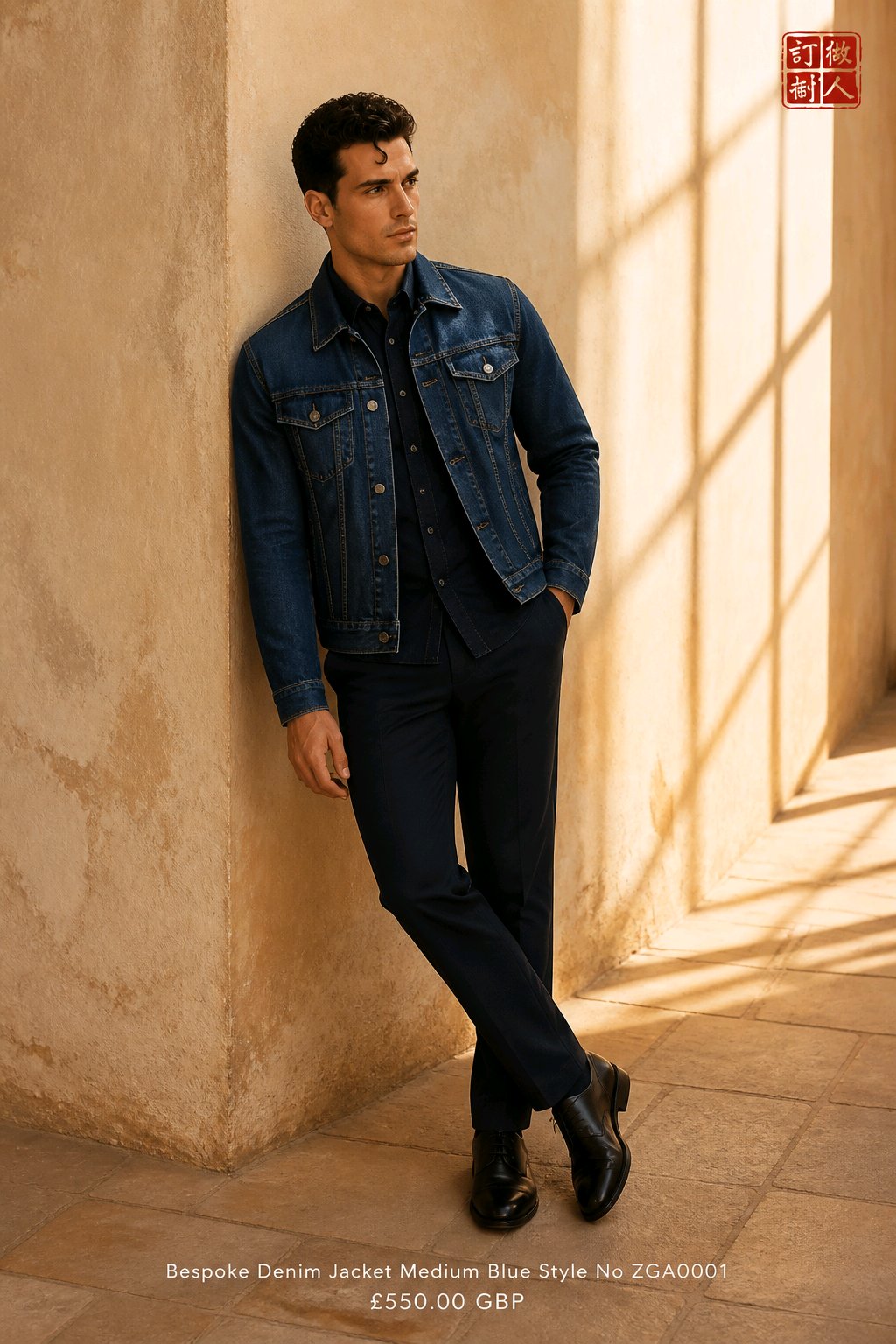 A man wearing a medium blue denim jacket over a dark shirt and trousers, leaning against a textured beige wall in a sunlit interior. A red logo appears in the top right, and product text is shown at the bottom.