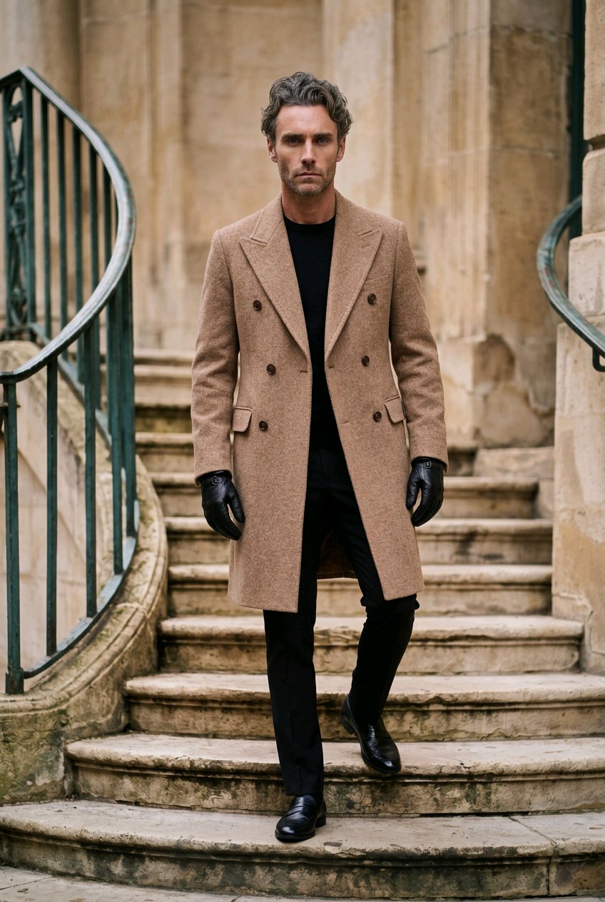 A man wearing a mid-length camel brown double-breasted overcoat, black shirt, black trousers, and black gloves walks down stone steps in an outdoor setting with classical columns.