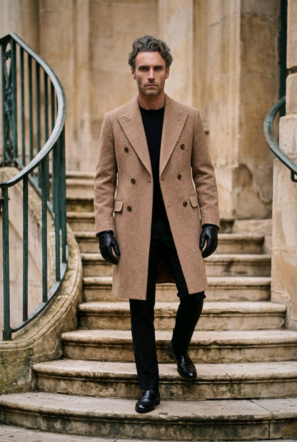 A man wearing a mid-length camel brown double-breasted overcoat, black shirt, black trousers, and black gloves walks down stone steps in an outdoor setting with classical columns.