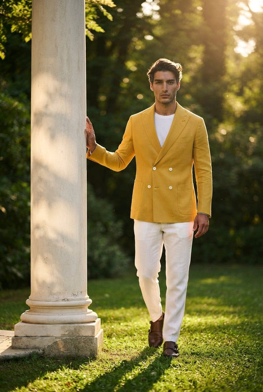 A man wearing a mustard yellow double-breasted blazer, white trousers, and brown shoes stands on a grassy lawn next to a large white column, with warm sunlight filtering through the background trees.
