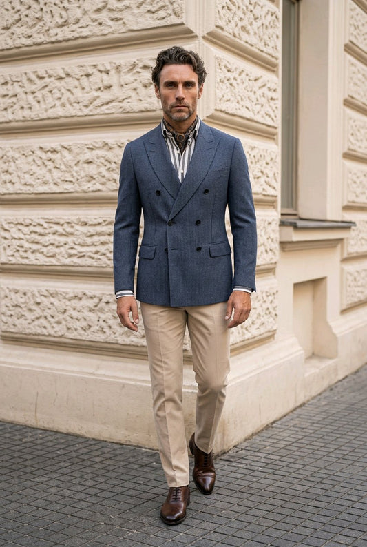 A man wearing a navy blue double-breasted blazer, beige trousers, and brown leather shoes walks outdoors against a textured beige stone building wall.
