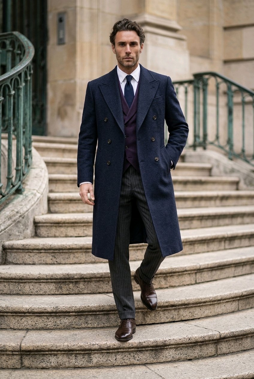 A man wearing a navy blue double-breasted overcoat, dark pinstripe trousers, a purple waistcoat, and brown leather shoes walks down stone stairs in front of a stone building.
