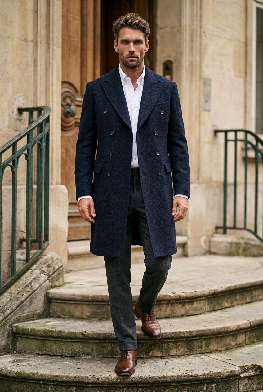 A man wearing a navy blue double-breasted overcoat, white dress shirt, dark gray trousers, and brown leather shoes walks down stone steps in front of a historic stone building.