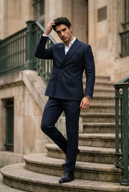 A man wearing a navy blue double-breasted pinstripe suit with a white shirt and black dress shoes, posing on stone stairs in front of a historic building.