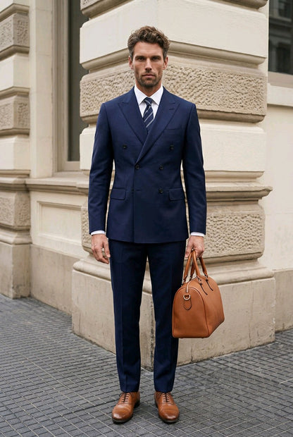 A man wearing a navy blue double-breasted suit, white dress shirt, and striped tie stands on a stone sidewalk holding a brown leather duffel bag.
