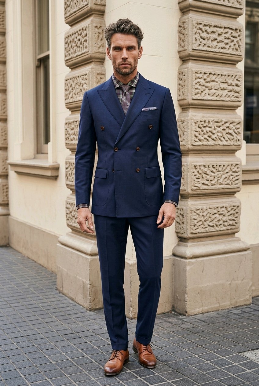 A man wearing a navy blue double-breasted suit with brown leather shoes, standing on a paved street in front of a beige stone building.