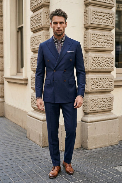 A man wearing a navy blue double-breasted suit with brown leather shoes, standing on a paved street in front of a beige stone building.