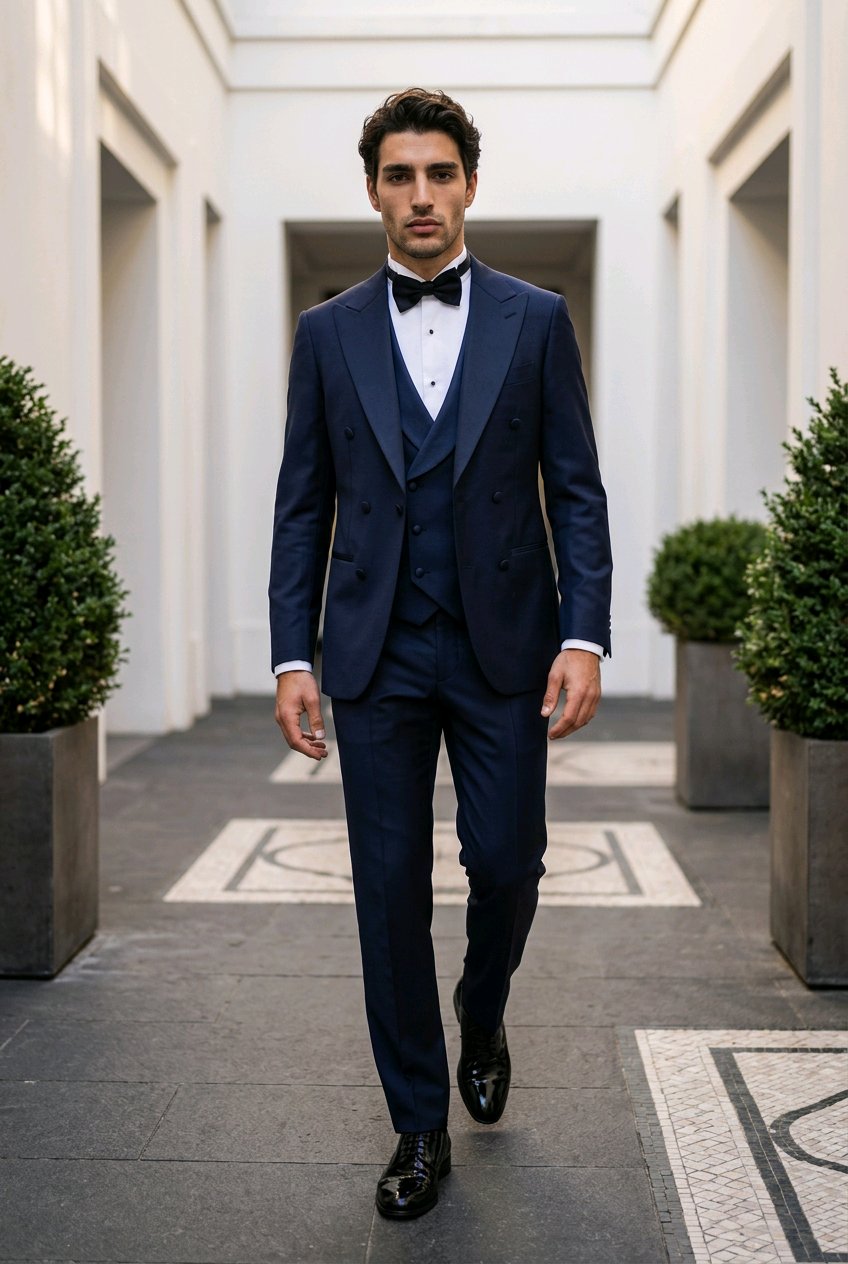 A man wearing a navy blue double-breasted tuxedo with a white shirt, black bow tie, and black dress shoes, walking down a grand, sunlit stone corridor flanked by potted green shrubs.