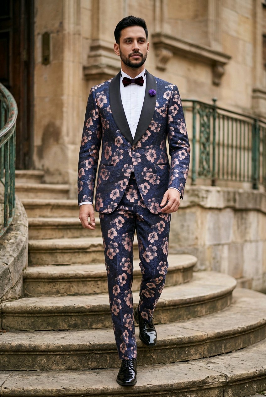 A man wearing a navy blue floral-patterned suit with black peak lapels, a white shirt, a black bow tie, and a purple boutonniere, walking down stone steps in front of a historic building.