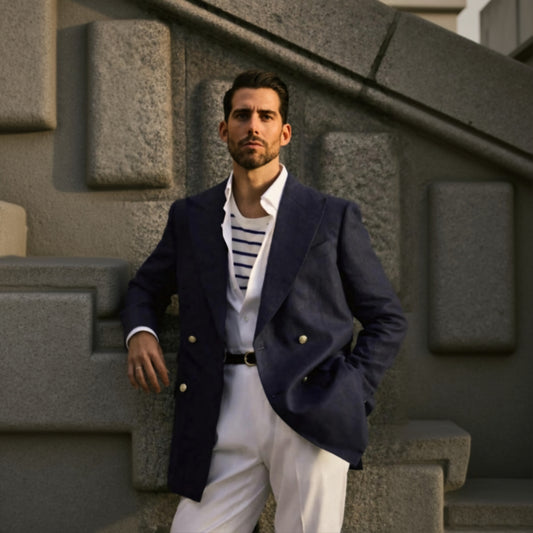A man wearing a navy blue linen blazer with white cotton-lycra trousers. He is standing in front of a stone wall.